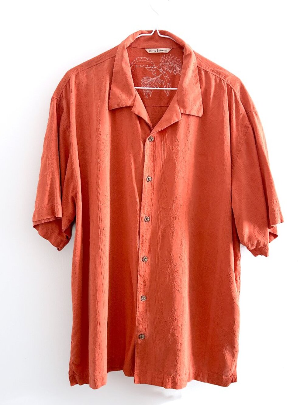 Tommy Bahama 100% Silk Orange Hawaiian Shirt Embroidered Palm Button Down XL